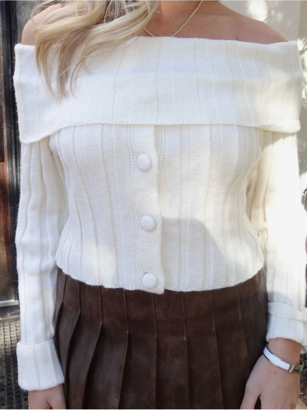 Off-Shoulder White Ribbed Button-Front Women's Sweater